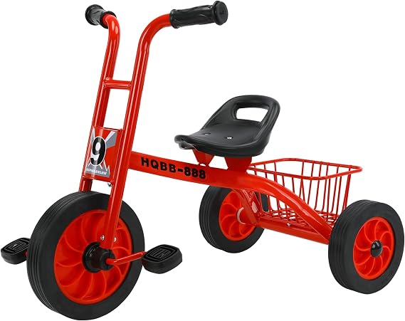 Kids Tricycle Ages 3-8, Metal Kids Trike with Basket, Red | Preschool Tricycle for 3-5 Year Olds, Adjustable Seat, Carbon Steel Frame, Airless Rubber Tires, Gift for Boys Girls Ages 3-8