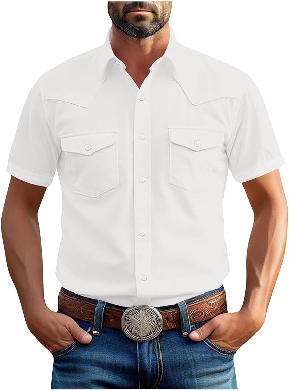 Men's Western Cowboy Short Sleeve Shirt Pearl Casual Button Down Work Shirts Summer Tops