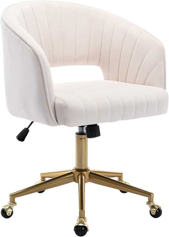 Vanity Chair Velvet Desk Chair with Gold Base for Living Room,Cream | Accent Armchair Upholstered Modern Tufted Chairs for Girls Women Ergonomic Study Seat Computer Task Stools for Bedroom
