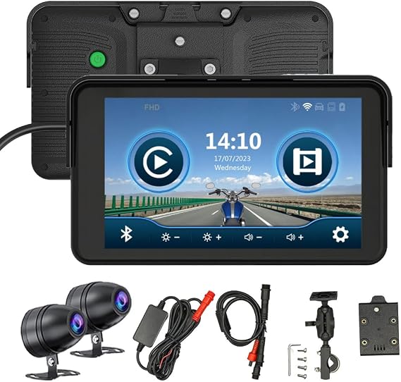 7 inch Touchscreen Motorcycle Wireless CarPlay Android Auto Vehicle Backup Cameras with Recorder Waterproof Navigator