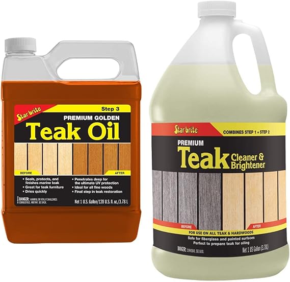 STAR BRITE Premium Golden Teak Oil - Sealer, Preserver & Finish for Outdoor Teak & Other Fine Woods - Step 3-1 GAL (085100) & One Step Teak Cleaner & Brightener - 1 GAL (094900)