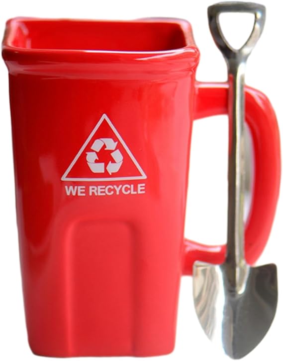 300ml/10.14oz Square trash can ceramic mug, Microwave oven available green recyclable bin, creative and bizarre ceramic water cup with shovel-red-301-400ml
