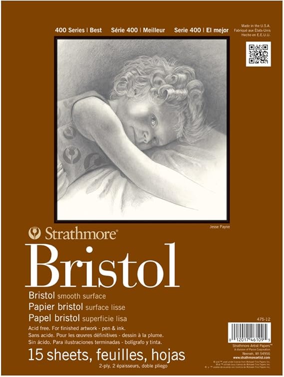 Strathmore 400 Series Bristol Paper Pad, Smooth, Tape Bound, 9x12 inches, 15 Sheets (2-ply) - Artist Paper for Adults and Students - Markers, Pen and Ink