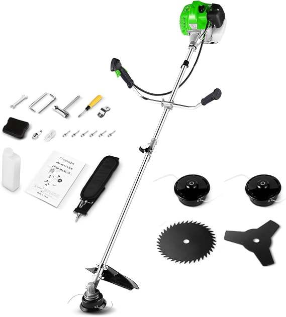 58CC 2-Cycle Gas Weed Wacker, 4 in 1 Brush Cutter, 18.5 in Cut Path Green | Heavy duty weed eater, edger, brush cutter & saw blade in one; 9300 RPM, 18.5 in cut path, straight shaft, easy pull start