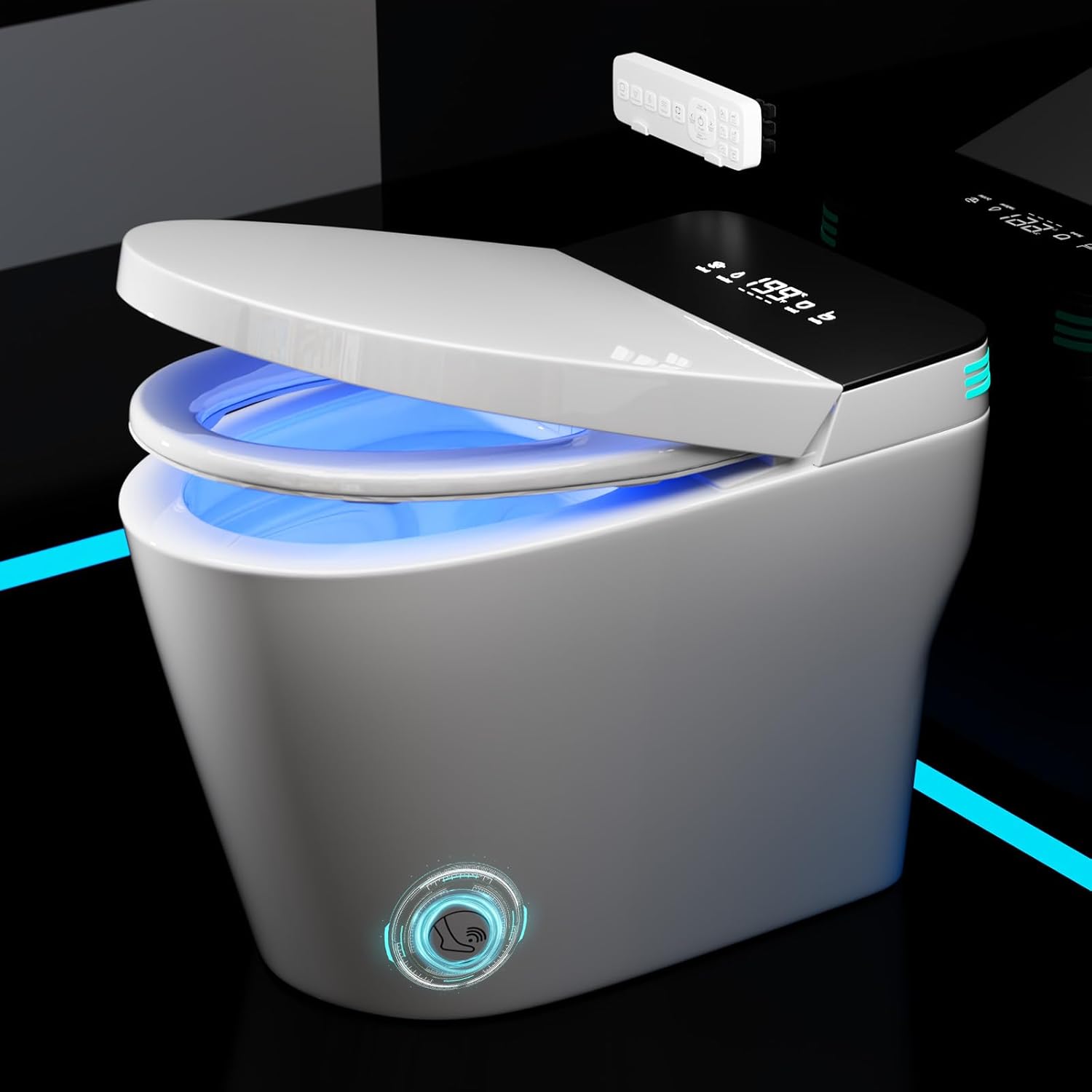 Smart Toilet with Bidet Built In, Modern Toilets with Voice Control & Foot Sensor, Off-seat AUTO Dual Flush, Elongated Heated Toilet with Remote Control, Warm Water Sprayer,Dryer TC02 Black