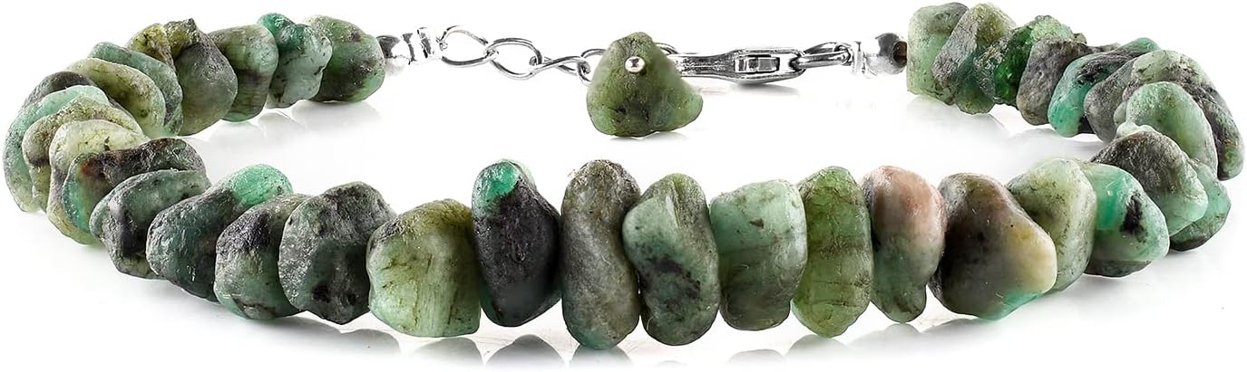 Raw Emerald Bracelets For Women May Birthstone, Natural Gemstones Rough Dainty Handmade Jewelry Chakra Energy Healing Crystals, 925 Sterling Silver Chain 8 inch