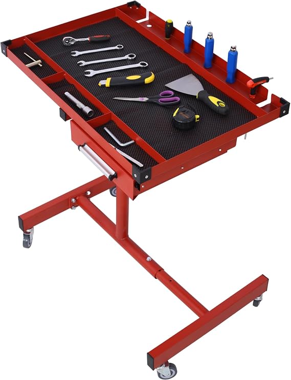 JOYBASE Mobile Adjustable Workbench on Wheels, Portable Tear Down & Work Table with Drawer for Garages, Workshops and Repair Shops, 220 LBS Capacity, Heavy-Duty Steel Construction (Red)