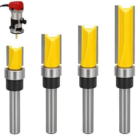 4 PCS Router Bits, Router Jig Router Bits 1/4 Shank Trim Routerr Bit with Bearing Flush Trim Bit 1/4, Straight Routerr Bit 1 4 Shank for Wood Processing