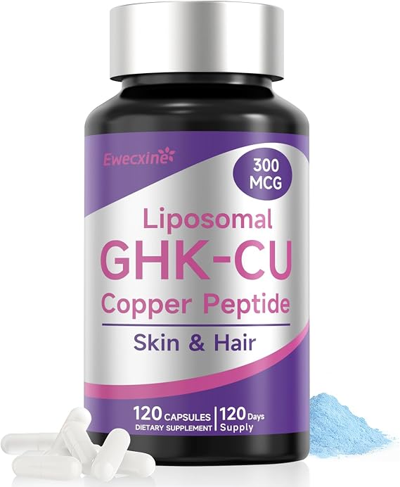 Liposomal GHK-Cu Copper Peptide Supplement 120 Capsules 300 mcg per Serving | Skin Hair Beauty Supplement with L-Carnosine, Biotin, Hyaluronic Acid, Resveratrol & Plant-Based Capsules