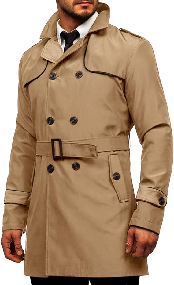 Makkrom Men's Trench Coat Double Breasted Lapel Windbreaker Long Jacket | Slim Fit, Notched Lapel, Belted, Winter Warm Long Jacket, Two Hand Pockets, Solid Color, Mid Length
