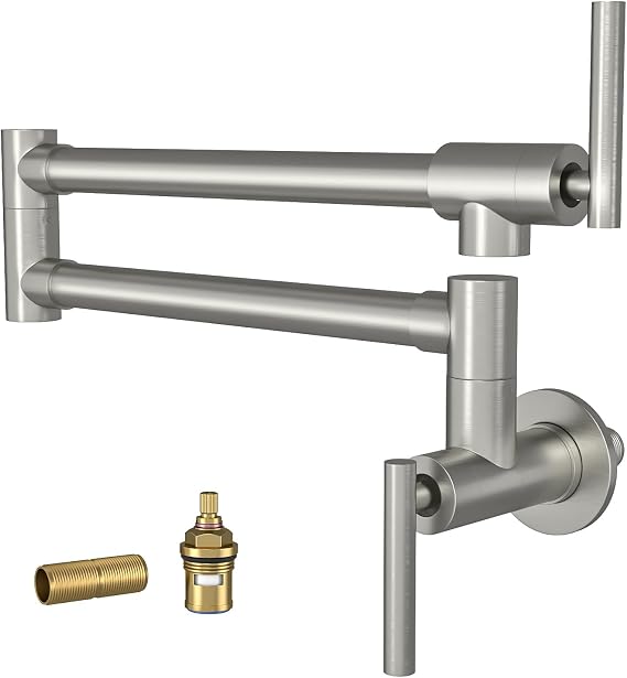 Lordear Pot Filler Faucet Brushed Nickel Finish Commercial Wall Mount Stove Kitchen Faucet, Stainless Steel Folding Faucet Over Stove, Kitchen Faucet with Double Joint Swing Arms