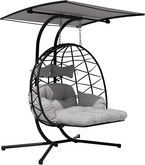 Double Egg Chair Outdoor With Stand & Adjustable Canopy, Extra Large 2 Person Patio Egg Chair With Leg Rests, Hanging Swing Chair With Thickened Cushion, Swinging Love Seat For Outdoor Patio (HQH)