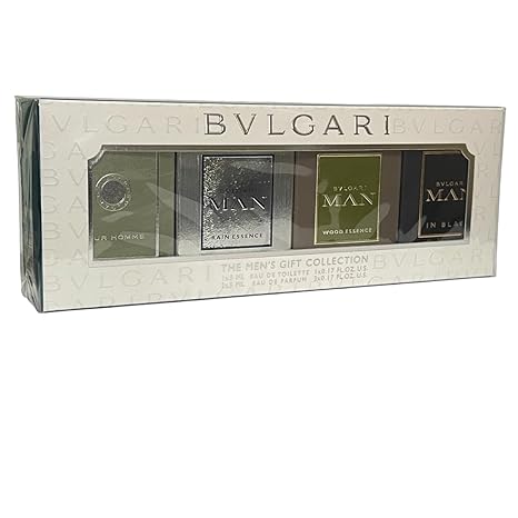 Bvlgari The Mens Gift Collection for Men - 4 Pc Mini Gift Set 5ml Pour Homme(EDT), EDP- Rain Essence, Wood Essence, Man In Black.