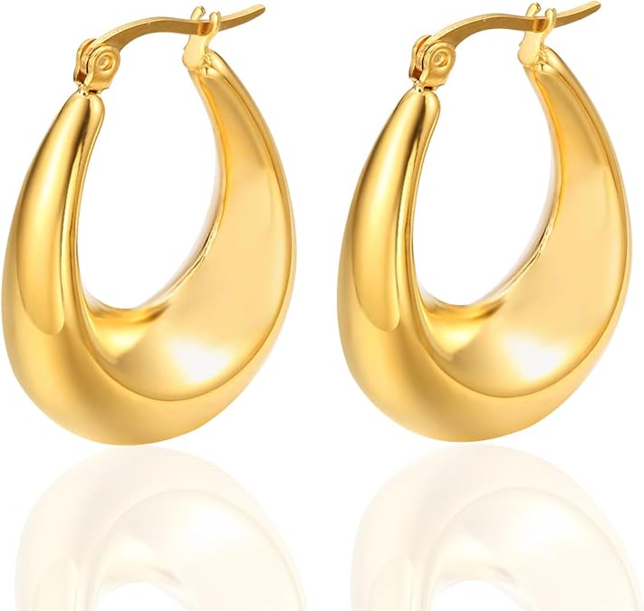 Chunky Gold Stud Earrings for Women 14k Gold Plated Hypoallergenic Teardrop Earrings Curved Statement Trendy Fashion Jewelry Gifts