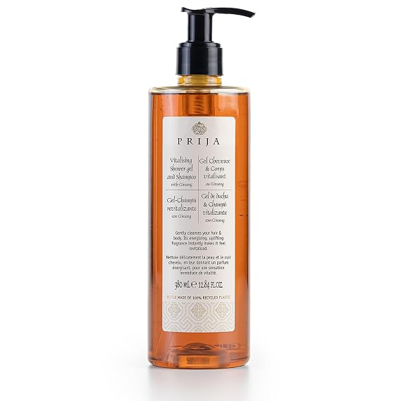 Prija Vitalising Shower Gel and Shampoo with Ginseng Extract 12.85 fl oz | Hydrating and Energising Body and Hair Wash with Pump Dispenser. Luxurious Spa Quality Vitalising Formula.