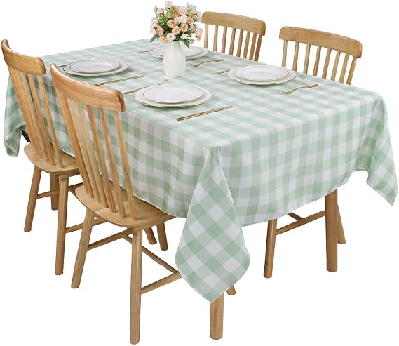 Kesfey Light Green Gingham Tablecloths Polyester 140x200cm Rectangle Checkered Tablecloth Plaid Table Cloth Wipe Clean Waterproof Wrinkle Free for Dinning Outdoor Restaurant Party Buffet Decoration