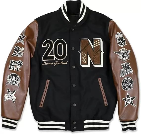 Men's League Baseball Varsity Jacket, Black With Brown