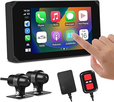 VSYSTO Motorcycle Dash Cam Front & Rear 1080P Cameras with 5.0 Wirelss CarPlayAndroid Auto Waterproof Touch Screen, Supports GPS Navigation and Wi-Fi App