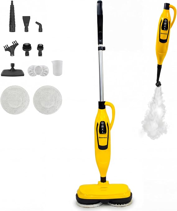 Steambot Steam & Scrub Steam Mop, All-in-One Scrubbing Hard Floor Cleaner, 2 Dirt Grip Soft Scrub Pads Included, XL Water Tank