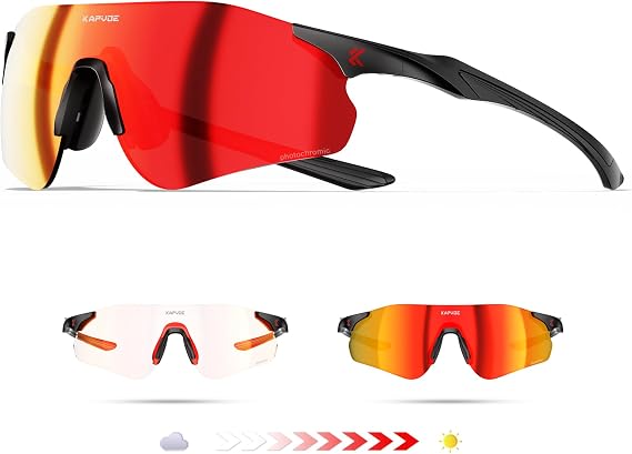KAPVOE Photochromic Sports Sunglasses, 22g Rimless for Men and Women K108 | UV400 one-piece PC shield lens, lightweight TR90 structure, adjustable silicone nose pad, and anti-slip temple tips.