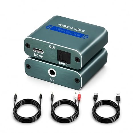 AMANKA Analog to Digital Audio Converter with Optical Cable, 3.5 mm Jacks AUX to Digital Coaxial Toslink Fiber Optic Audio Converter with Fiber Optic Cable for PS4 Xbox HDTV DVD Headphone
