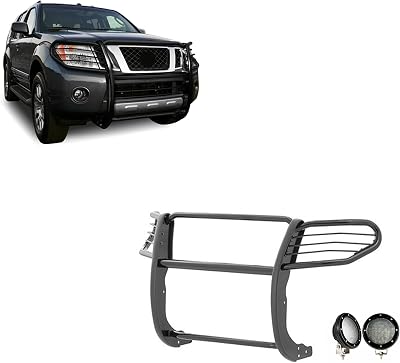 Black Horse Grille Brush Bumper Guard Modular Black Come with Pair of 5.3 Dia.LED Lights with Black Trim Rings Compatible with 2005-2021 Nissan Frontier|2005-2007 Nissan Pathfinder-17A110200MA-PLFB