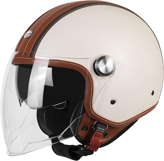 PU Leather Motorcycle Open Face Helmet Scooter Helmet Jet Helmet with Double Visor DOT Approved