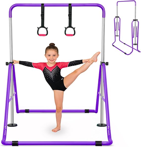 Foldable Gymnastic Bars for Kids, Adjustable Height Horizontal Bar for Home | 5-Height Folding Gymnastic Bar with Rings for Junior Kip Bar Girls & Boys