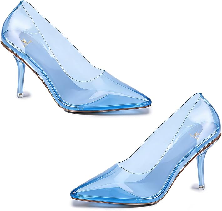 MOOMMO Women Clear Stiletto Pumps Closed Pointed Toe Slip On Transparent Stiletto High Heels 3 Inch Sexy PVC Dress Heels Shoes Sandals Comfort Stylish Party Wedding Summer 4-9 M US
