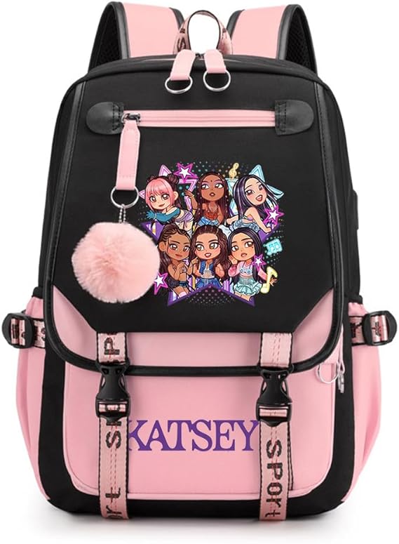 Kpop Pink Black Backpack for School, Large K pop Rucksack with USB and Audio Cable, Lightweight Casual School Bag for Vacation Travel, Kpop Backpack for Girls Boys Fans, B