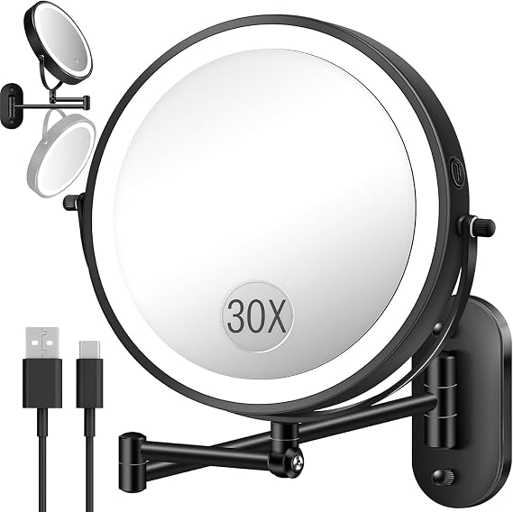 9'' 30X/1X Wall Mounted Height Adjustable Lighted Magnifying Makeup Mirror | 5000mAh Rechargeable Bathroom Mirror with 3 Color Modes Light, Extended Arm Space Saving for Apartment, Hotel, Rental House