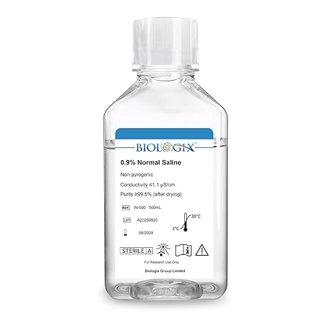 0.9% Normal Saline Solution 500ml, Sterile Sodium Chloride Solution for Laboratory & Cell Culture Use, DNase/RNase Free, Ready-to-Use Buffer