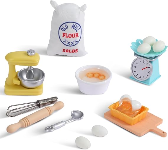 18PCS Dollhouse Miniature Kitchen Accessories Set, 1:12 Scale Mini Stuff for Dollhouse Kitchen Decor with Stand Mixer, Kitchen Scale, Flour, Rolling Pin and More