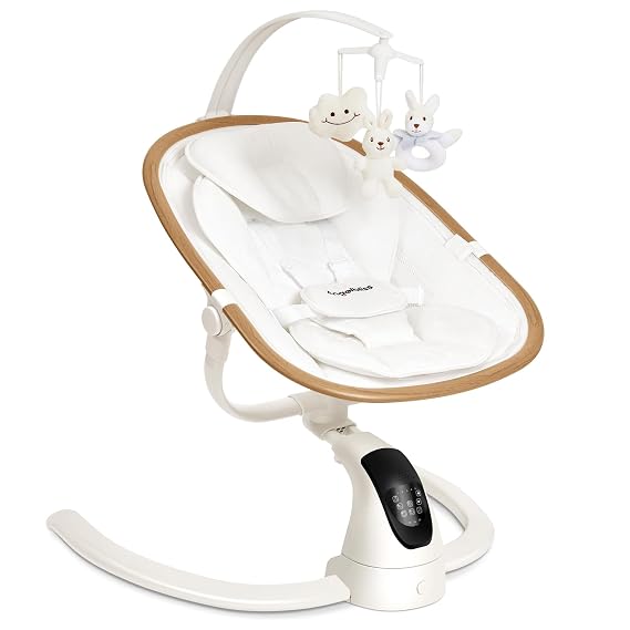 ANGELBLISS Electric Baby Swing with Cry Detection and Remote, White | 5 speeds, 180 rotation, 3 recline positions, Bluetooth music, plush toys, and washable fabrics