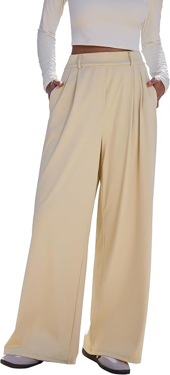MOOSLOVER Women Wide Leg Dress Pants Stretch Pull On High Waisted Work Pants Business Casual Trousers with Pockets