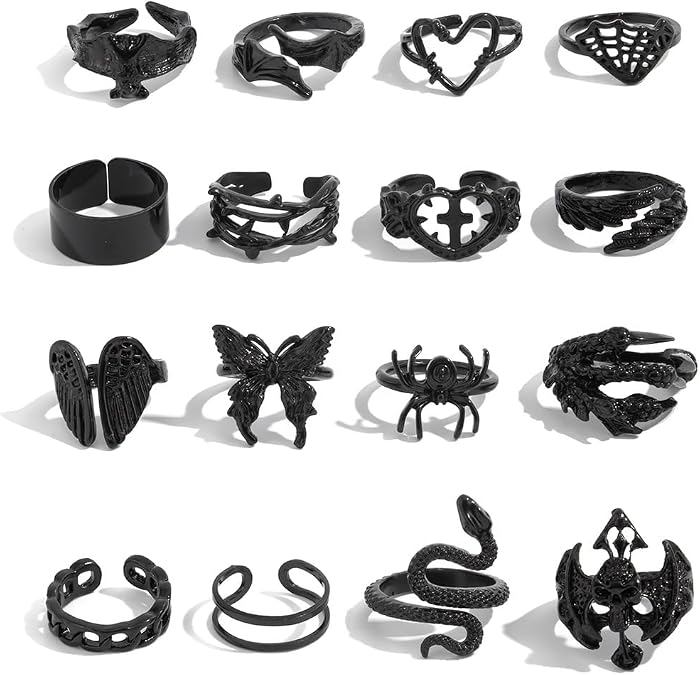 16-20 PCS Gothic Ring Set for Women Men Vintage Black Snake Spider Bat Wing Ring Dark Style Halloween Ring Chunky Stackable Adjustable Y2k Statement Ring Halloween Party Jewelry
