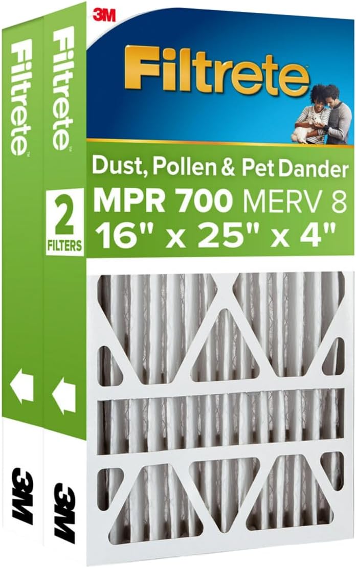 Filtrete 16x25x4 AC Furnace Air Filter, MPR 700, MERV 8, Fits Lennox & Honeywell Device, Capture Dust, Pollen & Pet Dander, Electrostatic Air Cleaning Filter, 2-Pack actual size 15.88x24.56x4.31 in
