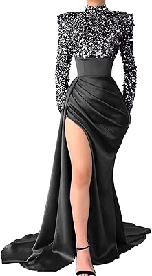 Sequin Long Sleeve Prom Dress Mock Neck Satin Mermaid Ball Gowns for Women Formal Backless Evening Dresses with Slit