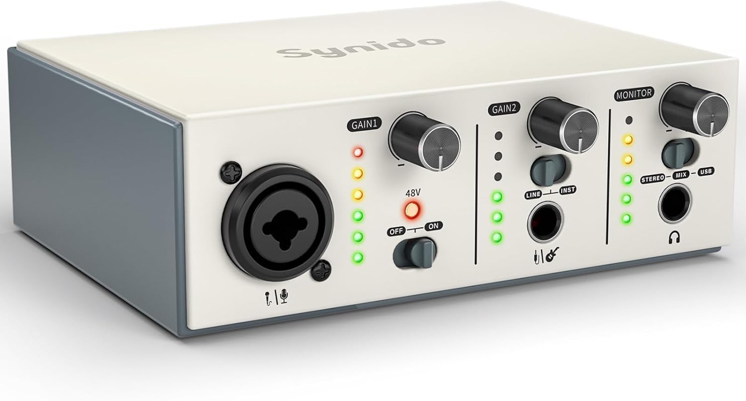Synido USB C Audio Interface for Recording Music, Streaming, Podcasting with XLR, Line Input, 24bit48kHz, 48V Phantom Power, 2-channel, Silver