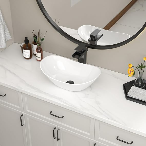Bowl Sink For Bathrooms 17" x 11" Oval White Vessel Sink Modern Boat Shape Artistic Basin Bathroom Vessel Sinks Above Counter White Porcelain Ceramic Vessel Sinks Small Deep Vessel Sink