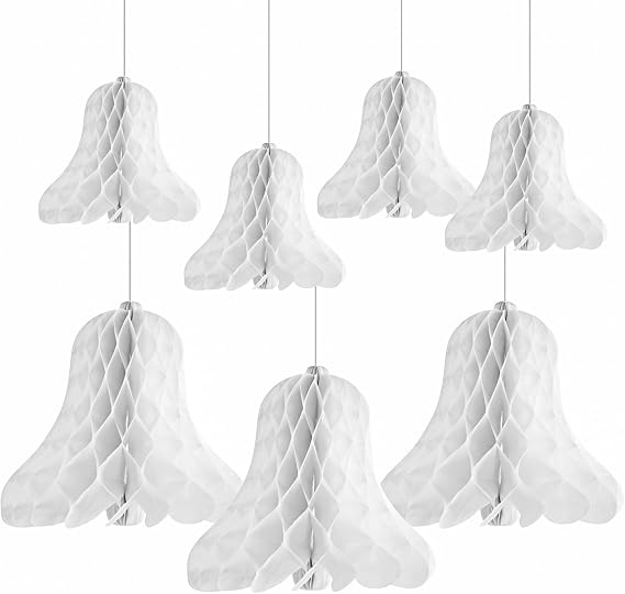 White Honeycomb Bells 7pcs Christmas Wedding Bells for Wedding Bridal Shower Baby Shower Birthday Party Decor DIY Craft Paper Bells