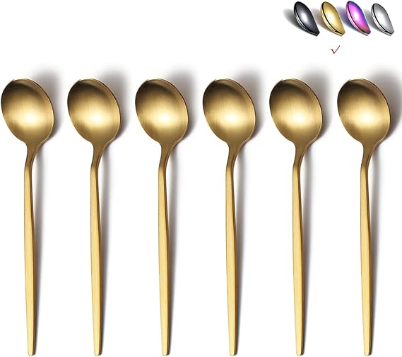 Matt Gold 6 Piece Teaspoons, 6.6'' Silverware, Stainless Steel Tea Spoons for Home or Restaurant, Dishwasher Safe