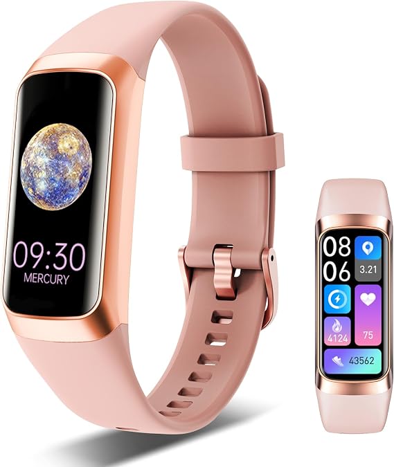 Fitness Tracker, 24/7 Heart Rate Blood Oxygen Blood Pressure Body Temp Monitor Sleep Calorie Tracker with 1.1" AMOLED Touch Color Screen Pedometer Smart Watch Waterproof for Women Men