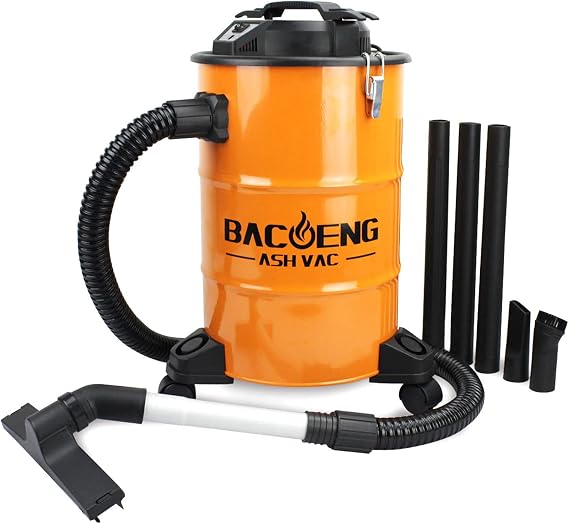 BACOENG 5.3-Gallon Ash Vacuum with Double Stage Filtration System, 10 Amp Ash Vacuum for Pellet Stoves with 1200W Powerful Suction, 5FT Metal Hose and 360 Rotating Wheel