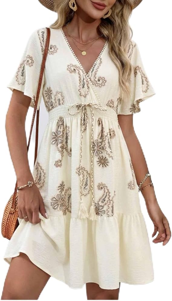 Womens V Neck Embroidered Dress Boho Beach Vacation Dresses 2026 Casual Summer Short Sleeve Cotton Linen Mini Dress