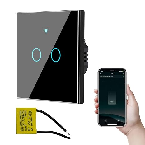 Touch Light Switch, Wi-Fi Black Double Light Switch with Remote Control Functions, Tempered Glass Panel with LED Backlight, 2-Gang 1-Way