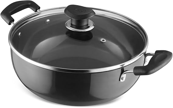 Vinod Cookware Hard Anodised Induction Friendly Kadai With Glass Lid Black 3.1 Litres