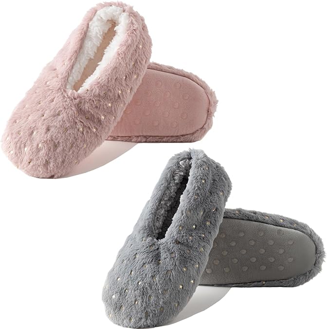 2 Pairs Slippers for Women, Gold Stamping Slipper Socks with Grippers Indoor, Non Slip Lightweight Soft Slippers for Home Bedroom