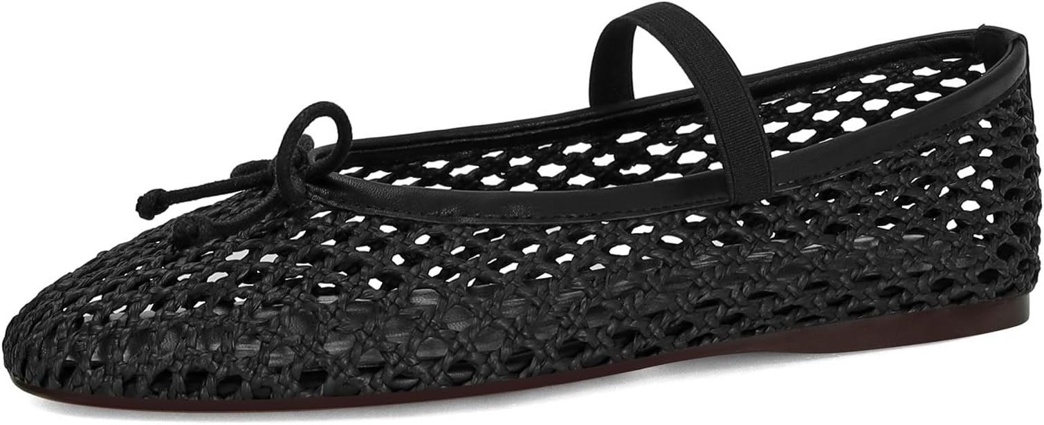 ZJGZF Woven Ballet Flats for Women Cute Raffia Mary Janes Bow Elastic Strap Summer Straw Comfortable Casual Dressy Shoes
