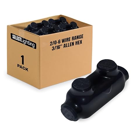 Select 1 Pack Lighting Black Insulated in-Line Splice Connector, 2/0-6 Wire Range, 3/16" Allen Hex Electrical Connectors Pre-Filled with Oxide Inhibitor, Rubber Vinyl Coating, SEL-IC1L-2/0